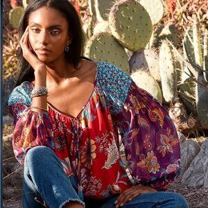 Johnny Was Tasha Red Multicolor Boho Floral Peasant Blouse size XS